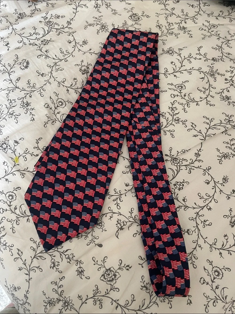 Men's Navy Blue Tie with Red Flag Pattern